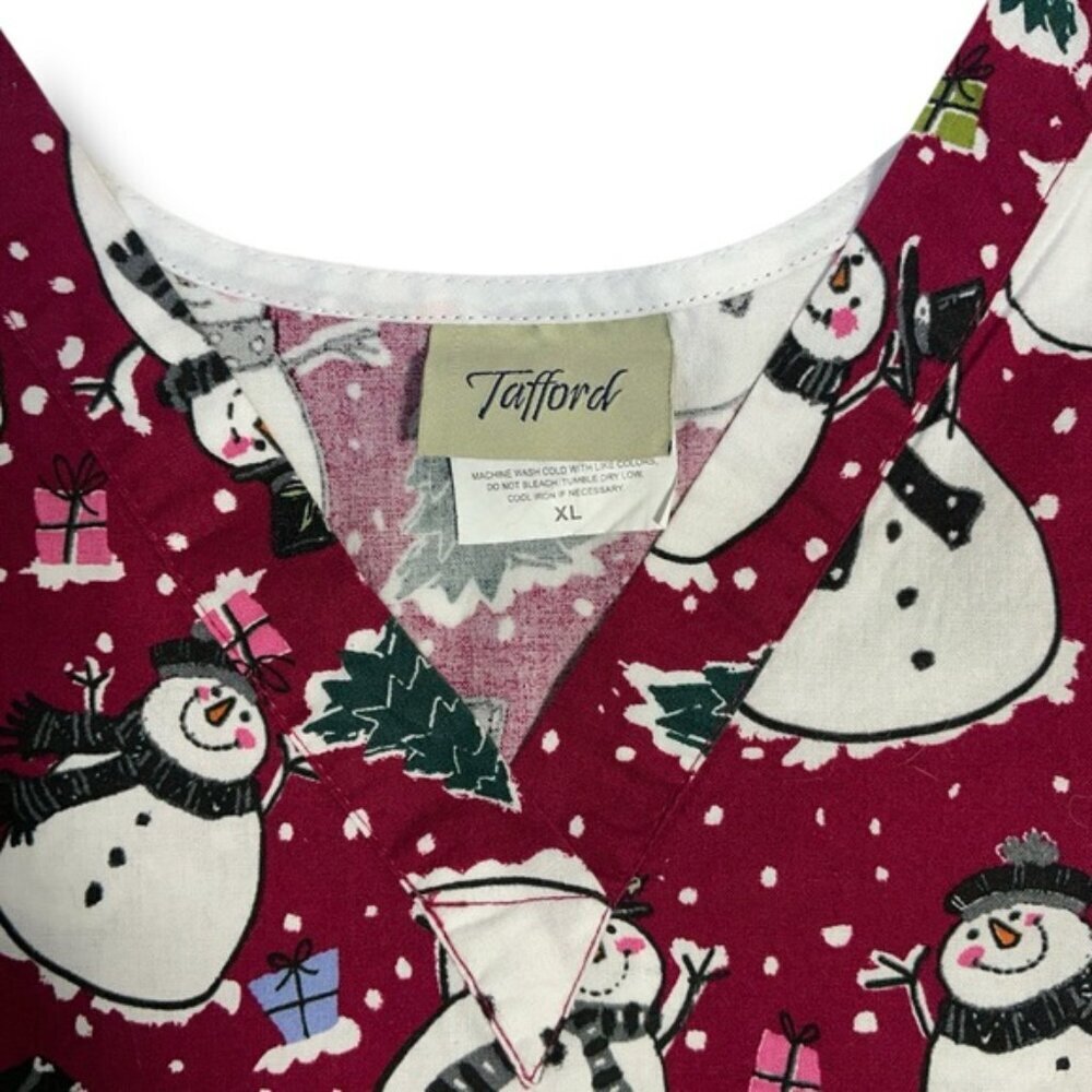 Tafford Scrub Top 100% Cotton Holiday Snowman Christmas Burgundy Red Women XL - Picture 7 of 13